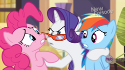 Size: 1440x810 | Tagged: safe, screencap, character:pinkie pie, character:rainbow dash, character:rarity, episode:rarity takes manehattan, g4, my little pony: friendship is magic, angry, awkward, glasses