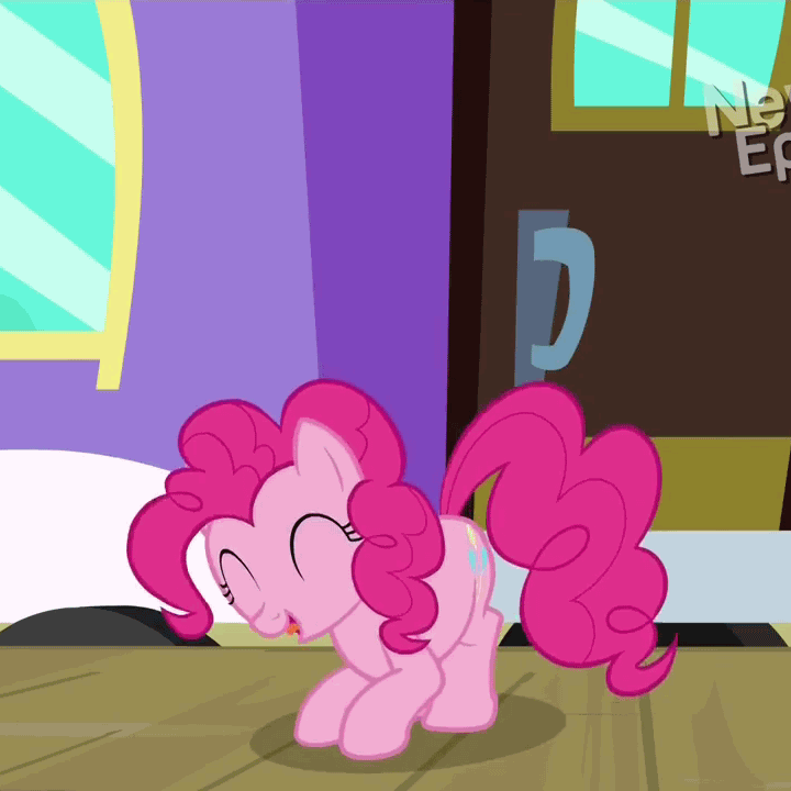 Size: 720x720 | Tagged: safe, screencap, character:pinkie pie, episode:rarity takes manehattan, g4, my little pony: friendship is magic, animated, bouncing, excited, eyes closed, happy, loop, open mouth, pronking, smiling, solo, talking