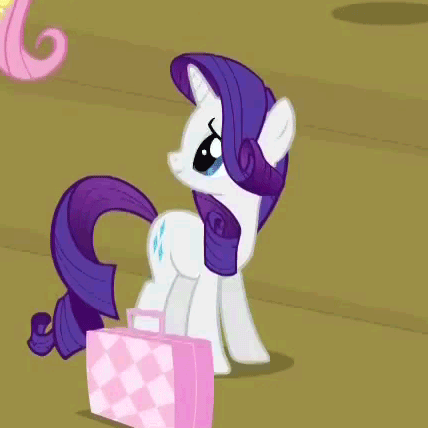 Size: 428x428 | Tagged: safe, screencap, character:fluttershy, character:rarity, episode:rarity takes manehattan, g4, my little pony: friendship is magic, animated, briefcase, cute, dancity, excited, eyes closed, happy, open mouth, prancing, raribetes, smiling, stomping, talking