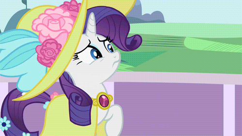 Size: 500x281 | Tagged: safe, screencap, character:rarity, species:pony, species:unicorn, episode:sweet and elite, g4, my little pony: friendship is magic, animated, clothing, female, hat, mare, solo, sun hat
