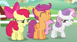 Size: 410x224 | Tagged: safe, screencap, character:apple bloom, character:scootaloo, character:sweetie belle, species:pegasus, species:pony, episode:flight to the finish, g4, my little pony: friendship is magic, cringing, cutie mark crusaders, eyes closed, lidded eyes, one of these things is not like the others, unhappy
