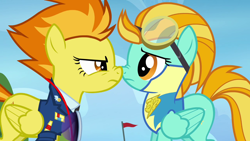 Size: 1280x720 | Tagged: safe, screencap, character:lightning dust, character:spitfire, species:pegasus, species:pony, episode:wonderbolts academy, angry, boop, clothing, duo, eye contact, face to face, female, frown, glare, goggles, lead pony, lead pony badge, mare, nose to nose, nose wrinkle, noseboop, out of context, scrunchy face, standing, uniform, wonderbolt trainee uniform