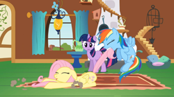 Size: 992x557 | Tagged: safe, screencap, character:fluttershy, character:rainbow dash, character:twilight sparkle, episode:dragon quest, g4, my little pony: friendship is magic, drag, dragging, tail bite, tail pull