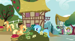 Size: 640x354 | Tagged: safe, official, screencap, character:applejack, species:earth pony, species:pony, adventures in ponyville, apple, apple tree, bucket, clone, female, flower, flower in hair, food, glitch, house, mare, ponyville, smiling, tree