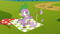 Size: 1054x593 | Tagged: safe, screencap, character:spike, species:dragon, episode:dragon quest, g4, my little pony: friendship is magic, bindle, cookie, cup, hub logo, male, picnic blanket, solo, tea, teacup, teapot