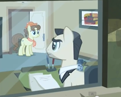 Size: 414x331 | Tagged: safe, screencap, species:earth pony, species:pony, episode:rarity takes manehattan, g4, my little pony: friendship is magic, background pony, business savvy, desk, don draper, female, mad men, male, mare, office, pegasus olsen, peggy holstein, peggy olson, phone, shout out, stallion, telephone