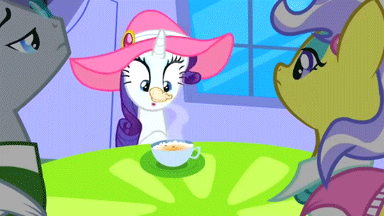 Size: 550x309 | Tagged: safe, screencap, character:jet set, character:rarity, character:upper crust, episode:sweet and elite, g4, my little pony: friendship is magic, animated, cafe, clothing, coffee, coffee cup, cup, hat