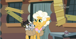 Size: 1348x698 | Tagged: safe, screencap, character:goldie delicious, species:earth pony, species:pony, episode:pinkie apple pie, g4, my little pony: friendship is magic, animal, cat, crazy cat lady, female, goldie delicious' cats, hub logo, mare, saddle bag, solo