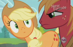 Size: 1464x947 | Tagged: safe, screencap, character:applejack, character:big mcintosh, species:earth pony, species:pony, episode:pinkie apple pie, g4, my little pony: friendship is magic, angry, hub logo, male, stallion