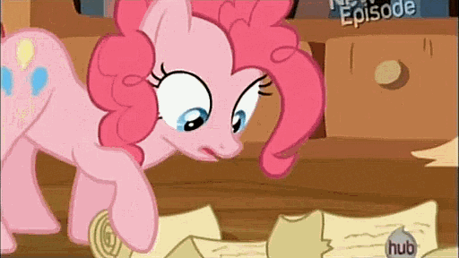 Size: 512x288 | Tagged: safe, screencap, character:pinkie pie, episode:pinkie apple pie, g4, my little pony: friendship is magic, animated, hub logo, hubble, scroll, solo, the hub