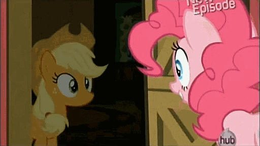 Size: 512x288 | Tagged: safe, screencap, character:applejack, character:pinkie pie, episode:pinkie apple pie, g4, my little pony: friendship is magic, animated, door, hub logo, hubble, hug, the hub, unsure