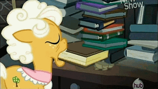 Size: 512x288 | Tagged: safe, screencap, character:goldie delicious, episode:pinkie apple pie, g4, my little pony: friendship is magic, animated, book, dust cat, horseshoes, hub logo, hubble, solo, the hub