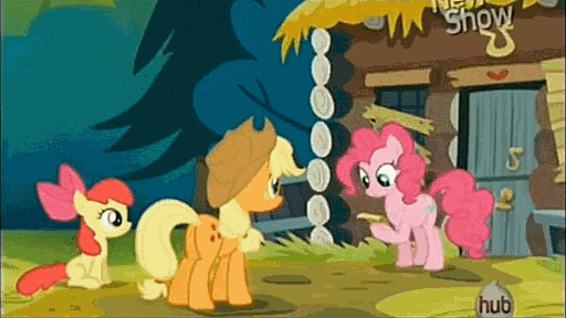 Size: 512x288 | Tagged: safe, screencap, character:apple bloom, character:applejack, character:pinkie pie, species:earth pony, species:pony, episode:pinkie apple pie, g4, my little pony: friendship is magic, animated, apple sisters, female, filly, foal, giggling, goldie delicious' house, hub logo, hubble, laughing, mare, note, reading, the hub, trio