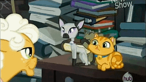 Size: 512x288 | Tagged: safe, screencap, character:goldie delicious, episode:pinkie apple pie, g4, my little pony: friendship is magic, animated, book, cat, crazy cat lady, derp cat, dust, dust cat, hub logo, hubble, mummy, siamese cat, the hub