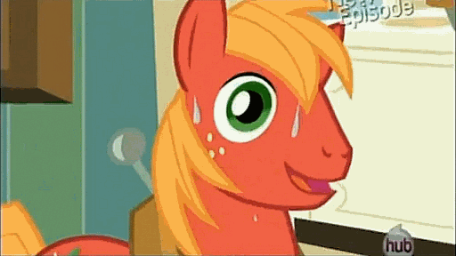 Size: 512x288 | Tagged: safe, screencap, character:big mcintosh, species:earth pony, species:pony, episode:pinkie apple pie, g4, my little pony: friendship is magic, animated, cute, do you even lift, happy, hub logo, hubble, lifting, macabetes, meme, muscles, pan, pie, pied, silly, silly pony, skillet, smiling, solo, sweat, the hub