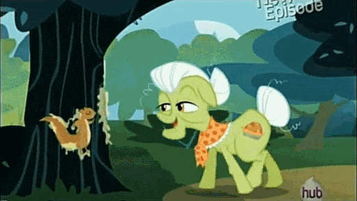 Size: 512x288 | Tagged: safe, screencap, character:granny smith, species:earth pony, species:pony, episode:pinkie apple pie, g4, my little pony: friendship is magic, animated, female, hub logo, hubble, mare, sap, squirrel, stuck, sugar pine, the hub, tree