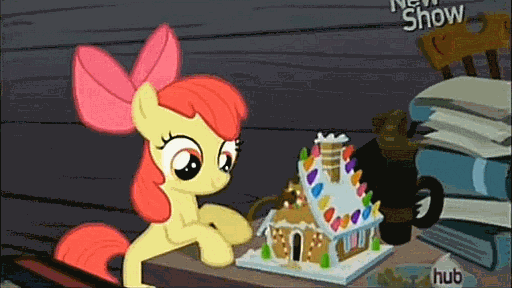 Size: 512x288 | Tagged: safe, screencap, character:apple bloom, character:big mcintosh, species:earth pony, species:pony, episode:pinkie apple pie, g4, my little pony: friendship is magic, animated, gingerbread house, hub logo, hubble, male, stallion, the hub