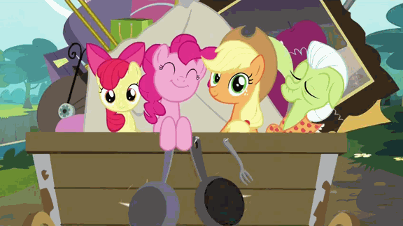 Size: 576x324 | Tagged: safe, screencap, character:apple bloom, character:applejack, character:big mcintosh, character:granny smith, character:pinkie pie, species:earth pony, species:pony, episode:pinkie apple pie, g4, my little pony: friendship is magic, animated, apples to the core, balloon, balloon apple, cart, destruction, female, hub logo, hubble, male, mare, painting, stallion, the hub, umbrella, wagon