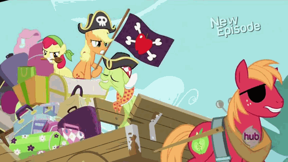 Size: 576x324 | Tagged: safe, screencap, character:apple bloom, character:applejack, character:big mcintosh, character:granny smith, character:pinkie pie, species:earth pony, species:pony, episode:pinkie apple pie, g4, my little pony: friendship is magic, animated, apples to the core, bicorne, burglar, cart, clothing, flag, hat, hub logo, hubble, male, pirate, stallion, the hub, wagon