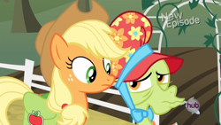 Size: 1280x720 | Tagged: safe, screencap, character:applejack, character:granny smith, episode:pinkie apple pie, g4, my little pony: friendship is magic, bonnet, hub logo, hubble, spit, the hub