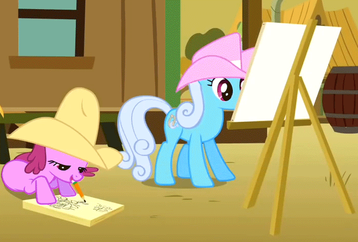 Size: 704x477 | Tagged: safe, screencap, character:berry punch, character:berryshine, character:linky, character:shoeshine, episode:over a barrel, g4, my little pony: friendship is magic, animated, clothing, drawing, hat, pencil