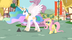 Size: 1054x592 | Tagged: safe, screencap, character:fluttershy, character:philomena, character:princess celestia, species:alicorn, species:bird, species:pegasus, species:phoenix, species:pony, episode:a bird in the hoof, g4, my little pony: friendship is magic, ash, confused, duo, ethereal mane, female, mare, spread wings, wings, worried