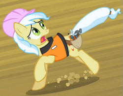 Size: 515x402 | Tagged: safe, screencap, character:ambrosia, species:earth pony, species:pony, episode:the mysterious mare do well, g4, my little pony: friendship is magic, background pony, cropped, female, hard hat, hat, looking over shoulder, mare, running away, safety vest, scared, solo, speed lines