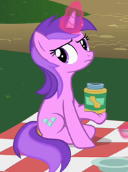 Size: 311x415 | Tagged: safe, screencap, character:amethyst star, character:sparkler, species:pony, species:unicorn, episode:the mysterious mare do well, g4, my little pony: friendship is magic, amethyst star is not amused, background pony, dexterous hooves, female, glowing horn, holding, horn, jar, magic, mare, peanut butter, solo, that pony sure loves peanut butter