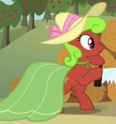 Size: 653x701 | Tagged: safe, screencap, species:earth pony, species:pony, episode:apple family reunion, g4, my little pony: friendship is magic, apple bottom, apple family member, background pony, bipedal, clothing, cropped, dress, female, hat, logs, mare, saw, skirt, solo