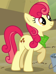 Size: 294x387 | Tagged: safe, screencap, character:apple bumpkin, species:earth pony, species:pony, episode:apple family reunion, g4, my little pony: friendship is magic, apple family member, background pony, bandana, bucket, cropped, female, mare, raised hoof, solo