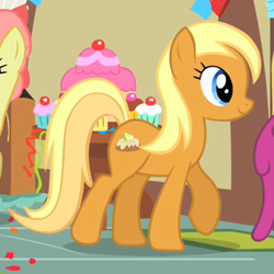 Size: 390x390 | Tagged: safe, screencap, character:apple cobbler, character:berry punch, character:berryshine, character:gala appleby, species:earth pony, species:pony, episode:a bird in the hoof, g4, my little pony: friendship is magic, apple family member, background pony, cropped, female, mare, smiling, solo focus, walking