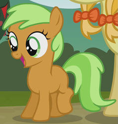 Size: 607x637 | Tagged: safe, screencap, character:apple crumble, character:jonagold, species:earth pony, species:pony, episode:apple family reunion, g4, my little pony: friendship is magic, apple family member, background pony, cropped, filly, foal, open mouth, raised leg, solo focus