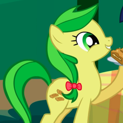 Size: 740x740 | Tagged: safe, screencap, character:apple fritter, species:earth pony, species:pony, episode:friendship is magic, g4, my little pony: friendship is magic, apple family member, background pony, bow, cropped, female, hair bow, mare, pie, solo