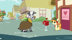 Size: 1050x586 | Tagged: safe, screencap, character:tag-a-long, character:thin mint, character:zecora, species:zebra, episode:just for sidekicks, g4, my little pony: friendship is magic, donation box, tag-a-long