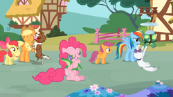 Size: 1054x592 | Tagged: safe, screencap, character:apple bloom, character:applejack, character:gummy, character:opalescence, character:pinkie pie, character:rainbow dash, character:scootaloo, character:tank, character:winona, species:earth pony, species:pegasus, species:pony, episode:just for sidekicks, g4, my little pony: friendship is magic, hug, opaltank