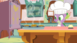 Size: 1054x592 | Tagged: safe, screencap, character:spike, episode:a bird in the hoof, g4, my little pony: friendship is magic, chef's hat, clothing, hat, solo