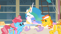 Size: 1054x592 | Tagged: safe, screencap, character:carrot cake, character:cup cake, character:princess celestia, episode:a bird in the hoof, g4, my little pony: friendship is magic, mouth hold, prank, tea, teacup, teapot, this will end in tears and/or a journey to the moon