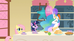 Size: 1053x591 | Tagged: safe, screencap, character:fluttershy, character:princess celestia, character:twilight sparkle, episode:a bird in the hoof, g4, my little pony: friendship is magic