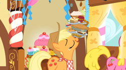 Size: 1054x592 | Tagged: safe, screencap, character:applejack, character:cherry berry, episode:a bird in the hoof, g4, my little pony: friendship is magic, apple, balancing, cupcake, pie, ponies balancing stuff on their nose, solo