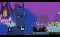 Size: 640x400 | Tagged: safe, screencap, character:princess luna, species:alicorn, species:pony, episode:luna eclipsed, g4, my little pony: friendship is magic, candy, crown, curious, ethereal mane, female, flowing mane, folded wings, food, jewelry, mare, night, nightmare night, plushie, ponyville, pumpkin, raised eyebrow, regalia, solo, sparkling mane, toy, wings, youtube caption