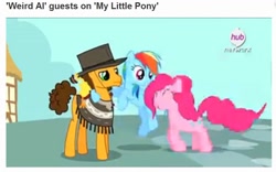 Size: 914x569 | Tagged: safe, screencap, character:cheese sandwich, character:pinkie pie, character:rainbow dash, episode:pinkie pride, g4, my little pony: friendship is magic, rubber chicken, the man with no name, weird al yankovic