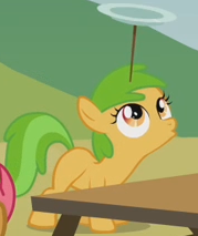 Size: 179x213 | Tagged: safe, screencap, character:apple squash, species:earth pony, species:pony, episode:apple family reunion, g4, my little pony: friendship is magic, apple family member, background pony, cropped, filly, foal, looking up, plate spinning, solo, solo focus