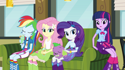 Size: 1920x1080 | Tagged: safe, screencap, character:fluttershy, character:rainbow dash, character:rarity, character:spike, character:twilight sparkle, species:dog, my little pony:equestria girls, boots, bracelet, clothing, high heel boots, jewelry, lidded eyes, milkshake, skirt, soda, spike the dog