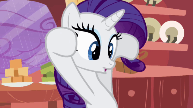 Size: 640x360 | Tagged: safe, screencap, character:rarity, species:pony, species:unicorn, episode:look before you sleep, g4, my little pony: friendship is magic, animated, arms in the air, cute, eyeshadow, female, golden oaks library, indoors, makeup, mare, oooooh, open mouth, perfect loop, rain, raribetes, shelf, solo, spooky