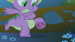 Size: 1054x592 | Tagged: safe, screencap, character:spike, episode:owl's well that ends well, g4, my little pony: friendship is magic, feet, ketchup, not blood, solo