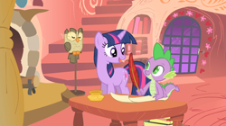 Size: 1054x592 | Tagged: safe, screencap, character:owlowiscious, character:spike, character:twilight sparkle, episode:owl's well that ends well, g4, my little pony: friendship is magic, solo