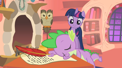 Size: 1054x592 | Tagged: safe, screencap, character:owlowiscious, character:spike, character:twilight sparkle, episode:owl's well that ends well, g4, my little pony: friendship is magic