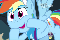 Size: 496x338 | Tagged: safe, screencap, character:rainbow dash, episode:flight to the finish, g4, my little pony: friendship is magic, faec, flying, hub logo, solo