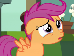 Size: 458x346 | Tagged: safe, screencap, character:scootaloo, species:pegasus, species:pony, episode:flight to the finish, g4, my little pony: friendship is magic, crying, cute, cutealoo, diabetes, female, filly, floppy ears, frown, looking up, open mouth, sad, scootasad, solo, spread wings, teary eyes, wings