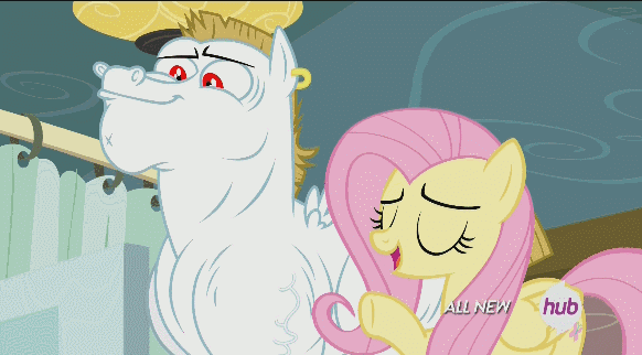 Size: 582x322 | Tagged: safe, screencap, character:bulk biceps, character:derpy hooves, character:fluttershy, species:pegasus, species:pony, episode:rainbow falls, g4, my little pony: friendship is magic, animated, bulkabetes, cute, female, hub logo, hubble, male, mare, stallion, the grey one's glorious return, the hub, trio
